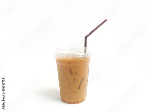 Iced coffee with straw in plastic cup isolated on white background