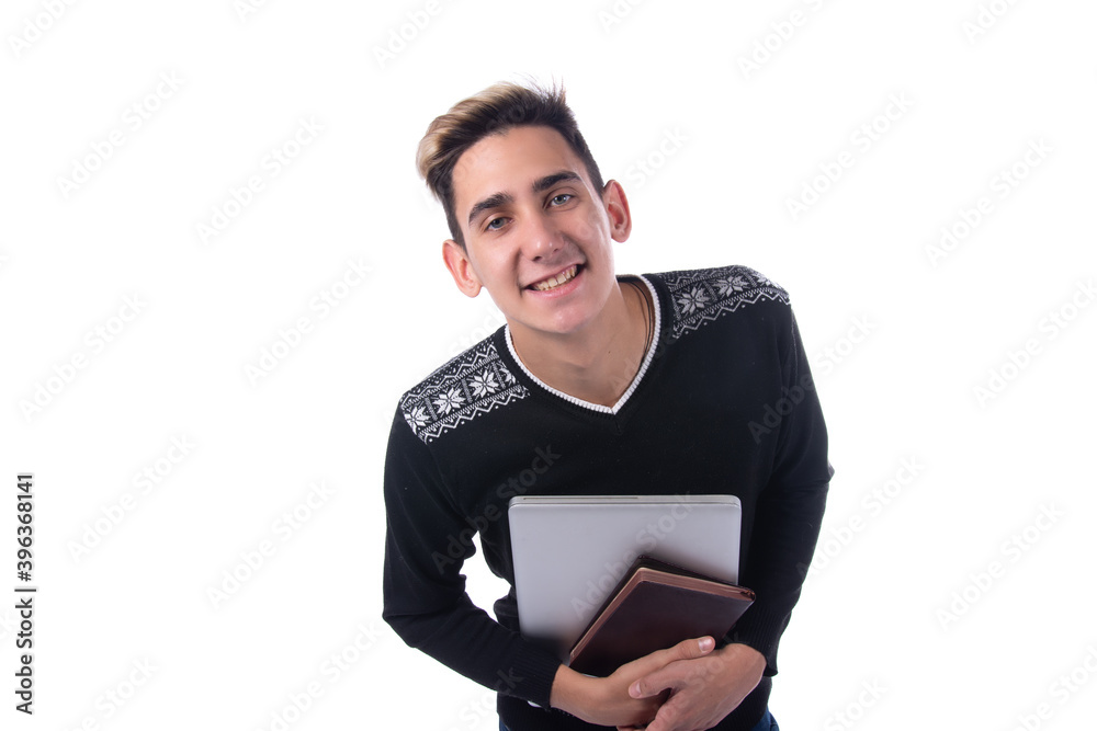 Attractive student. Books and laptop. White background. Attractive student. Books and laptop. White background.