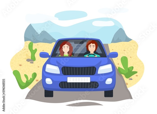 Cartoon Color Characters People Couple in Car Concept. Vector