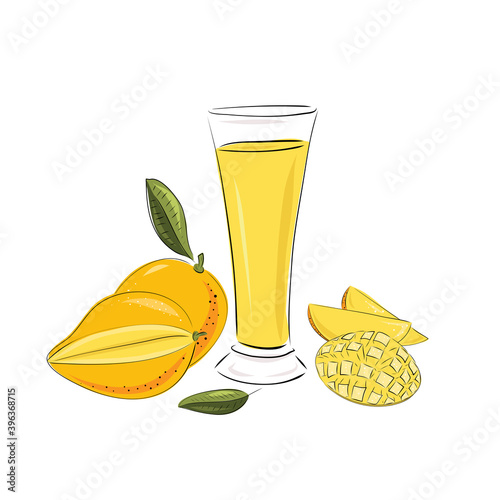 Glass with mango juice, a whole apple and slices. Smoothies on a white background. Beverages. Detox. Diet. Healthy lifestyle, food. Scribble. Hand drawn vector illustration. Sketch.
