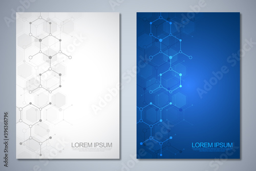 Template brochure or cover book, page layout, flyer design with molecular structures background and chemical engineering. Concept and idea for innovation technology and science.