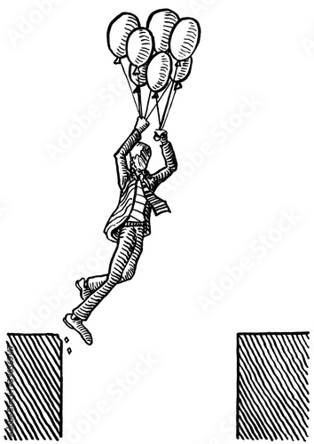 Manager Holding Balloons While Jumping Across Gap