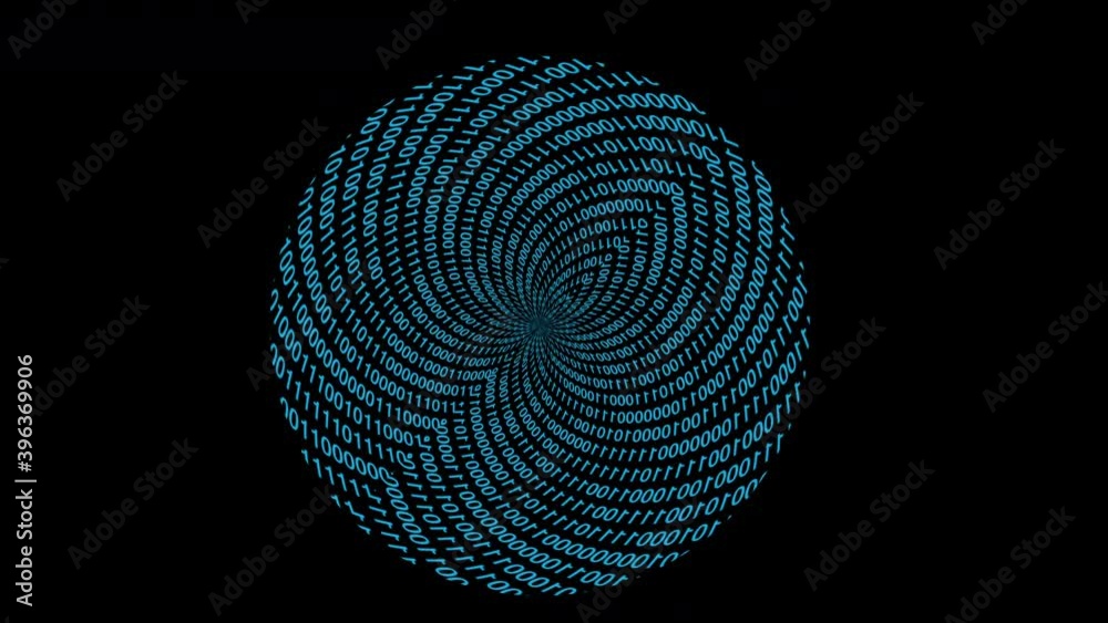 Digital fractal binary code circle ball breath life on black background. Blue digital data code numbers on black background
