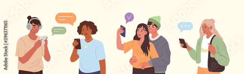 Young Fashionable People Looking on Smartphones and Chatting. Happy Boys and Girls Talking, Typing  and making Selfie on Phone. Female and Male Characters collection. Flat Cartoon Vector Illustration.