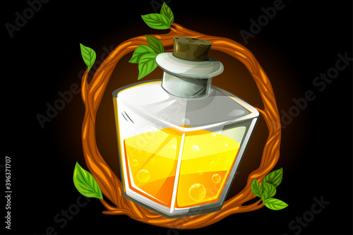 Frame wreath and magic yellow potion in a square bottle.