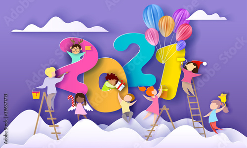 2021 New Year card. Kids different nationalities decorate big numbers 2021