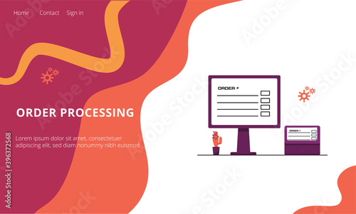 Order processing landing page - online shopping and fast delivery concept. Processing online purchase on monitor and printer. Vector stock flat illustration isolated on abstract white background
