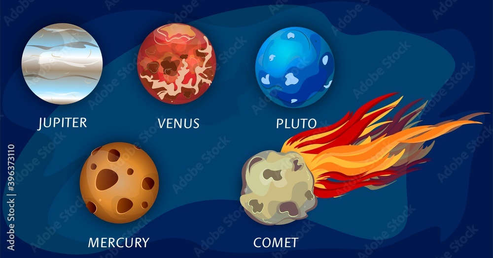 Space concept in cartoon style. Set of planets, 3d template with shadow for banner. Universe. Vector image.
