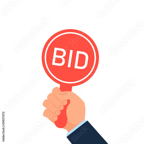 Hand holding auction paddle. Clipart image