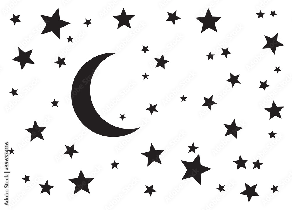 Starry night. Night moon (crescent) and stars silhouette vector background. Starry night. Night moon (crescent) and stars silhouette vector background.