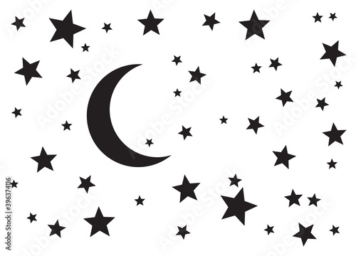 Starry night. Night moon (crescent) and stars silhouette vector background.