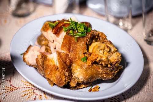 Pork hock in German with sauces delicious food. Deep fried pork knuckle ,Thai style serve with seafood sauce.