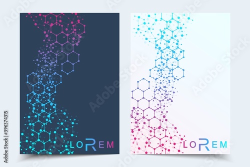 Vector templates for brochure magazine leaflet flyer cover booklet annual report. Modern futuristic hexagonal pattern with particle, molecule structure for medical, technology, chemistry, science