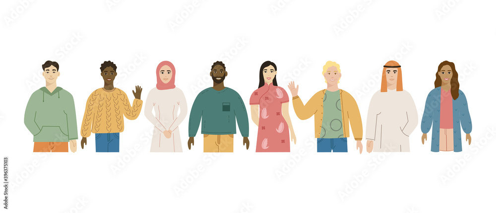 Multicultural group of people, flat vector illustration. People of different nationalities and religions, cartoon characters. Multinational society. Multicultural group of people, flat vector illustration. People of different nationalities and religions, cartoon characters. Multinational society.