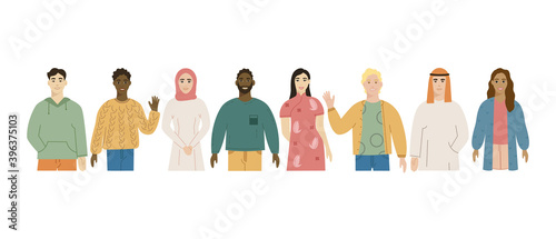 Multicultural group of people  flat vector illustration. People of different nationalities and religions  cartoon characters. Multinational society. 