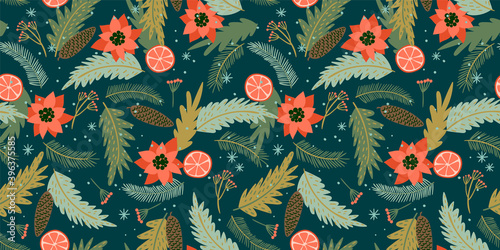 Christmas and Happy New Year seamless pattern. Trendy retro style.