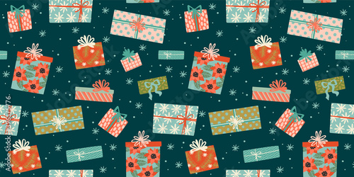 Christmas and Happy New Year seamless pattern with gift boxes. Trendy retro style.