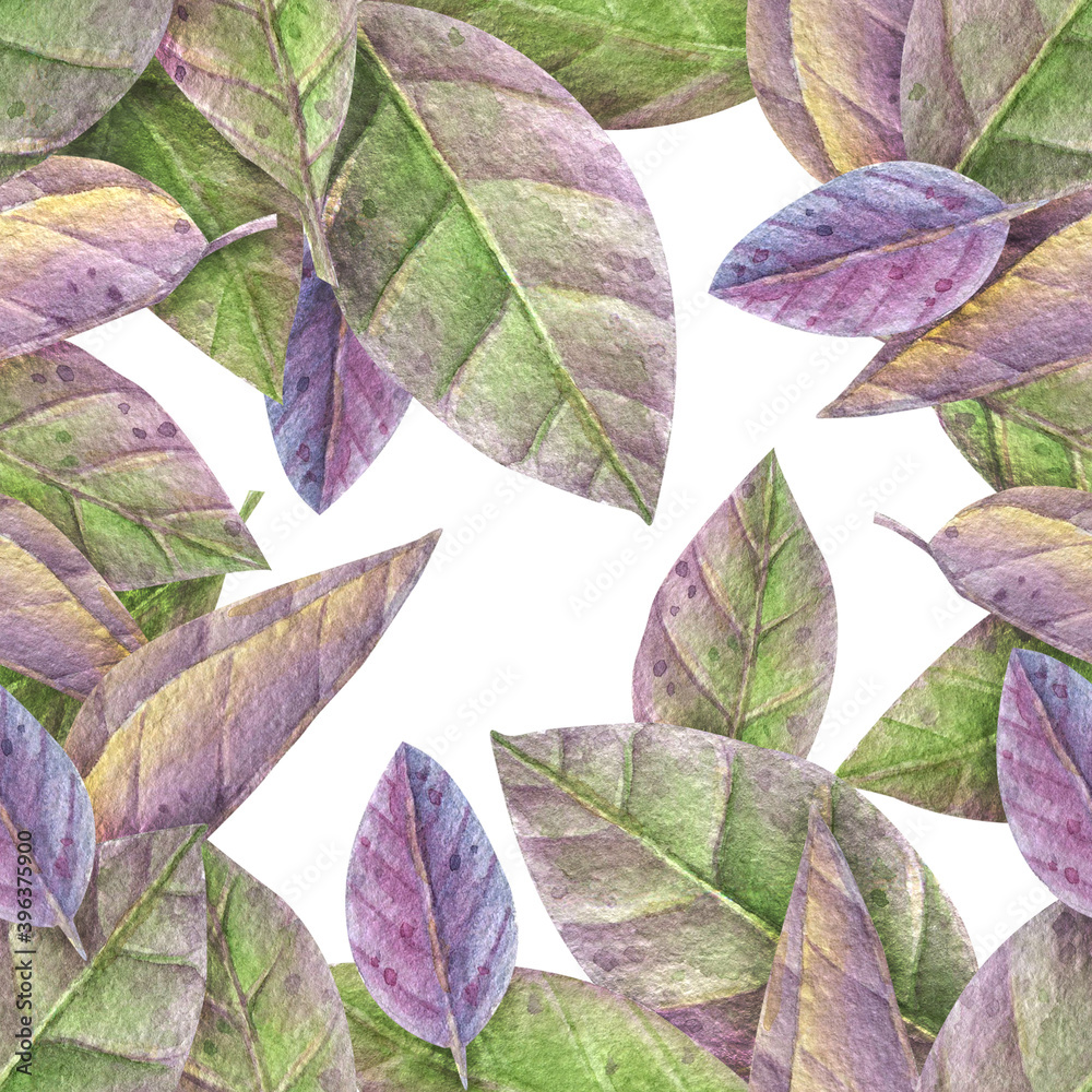 Watercolor seamless pattern with illustration of beautiful, bright green and purple leaves