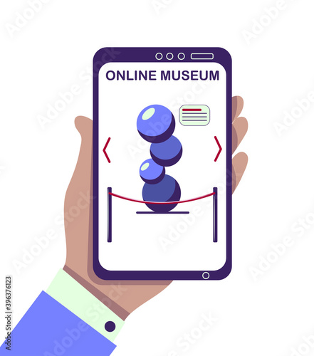 Hand with smartphone using online museum, gallery application, website. Distant excursion, education concept illustration. Flat isolated vector. Modern art piece abstract sculpture. Digital exhibition