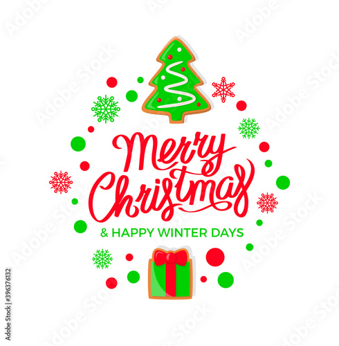 Merry Christmas and happy New Year logotype isolated icon vector. Pine tree with baubles, present with bow, ribbon and wrapped paper, snowflake cookies