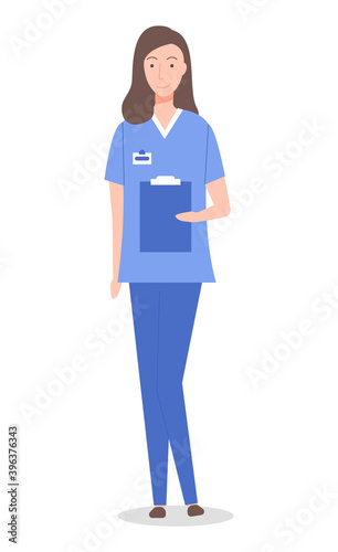 Isolated at white cartoon character. Doctor woman or nurse wearing medical suit holding clipboard with anamnesis or diagnose of patient. Healthcare, medical concept. Physician therapist in flat style