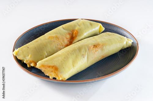 Fotografi typical chicken tamale on a plate isolated