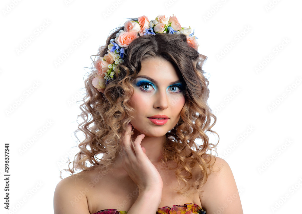 Naklejka premium Beautiful girl with colorful makeup and flower wreath in her hair