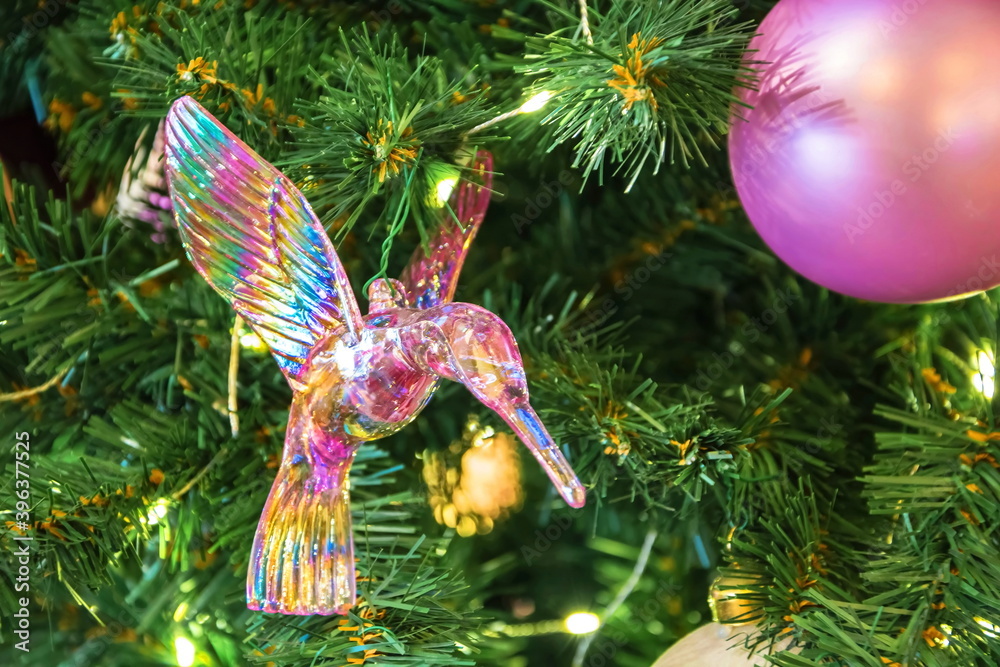 Fototapeta premium Christmas tree decoration - glass hummingbird bird