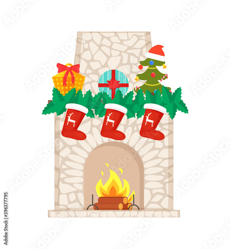 Burning fire, wooden logs and fireplace made of stone with chimney vector. Flame in hearth, brick wall, New Year decorations Santa stockings, tree and gifts