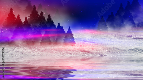 Dark abstract background. Winter night forest landscape. Silhouettes of fir trees, lit with neon glow, snowdrifts, snowflakes. 3d illustration