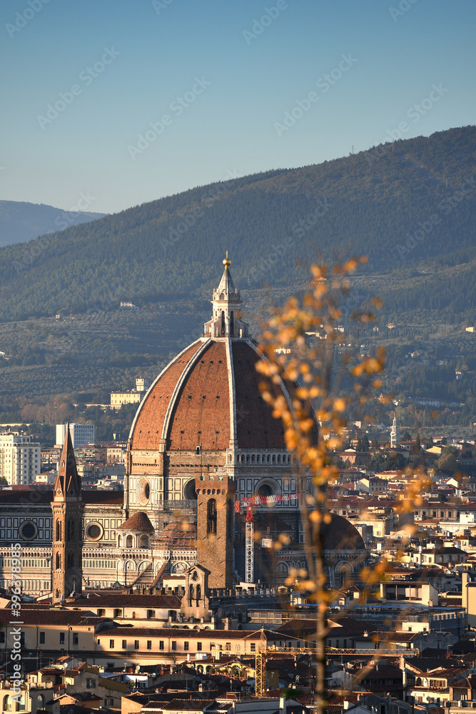 The famous Cathedral of Santa Maria del Fiore in Florence during autumn season in October seen from Piazzale Michelangelo. Italy.
