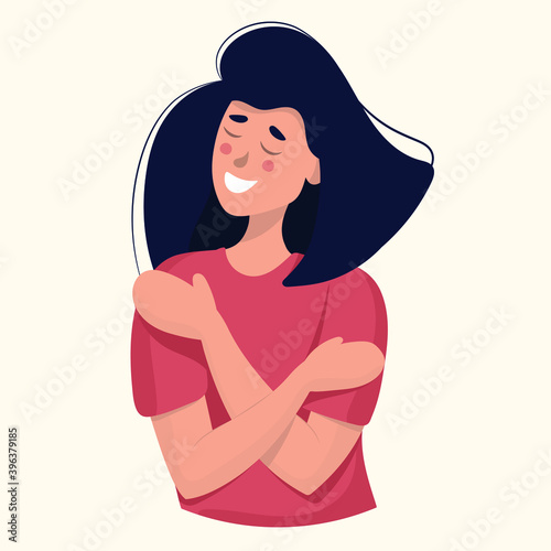 Self love concept, woman hugs herself. vector illustration in flat style