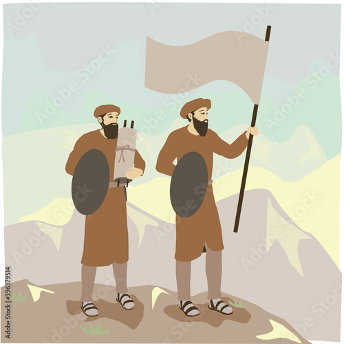 Maccabeem - Historical Jewish soldiers holding flags, Torah scrolls and shields. Standing on a hill. And in the background there are mountains.
Flat vector drawing.