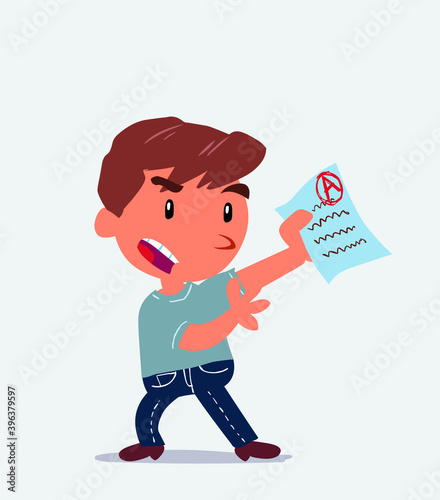  cartoon character of little boy on jeans arguing effusively with exam in hand