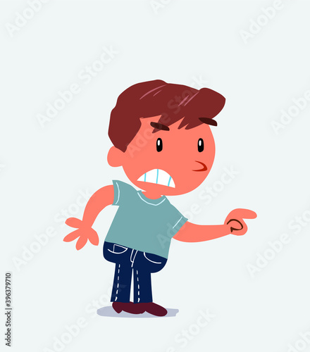 cartoon character of little boy on jeans pointing something aggressively