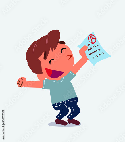 euphoric cartoon character of little boy on jeans raises his arms with exam in hand