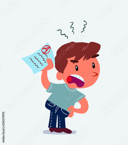  little boy on jeans waving a exam angrily