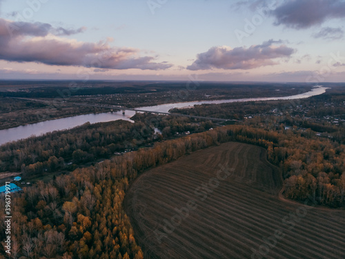 Autumn forest and river. Panorama. Scenery. Landscape. Photo from a quadcopter.