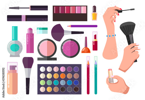 Set of visagiste cosmetics, equipment, tools. Hands with mascara, brush, lipstick. Collection of nail polish, blush, powder, eyeshadows palette, colorful eye pencils, foundation lip gloss cream