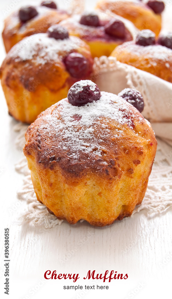 Homemade Cherry Muffins on a white background