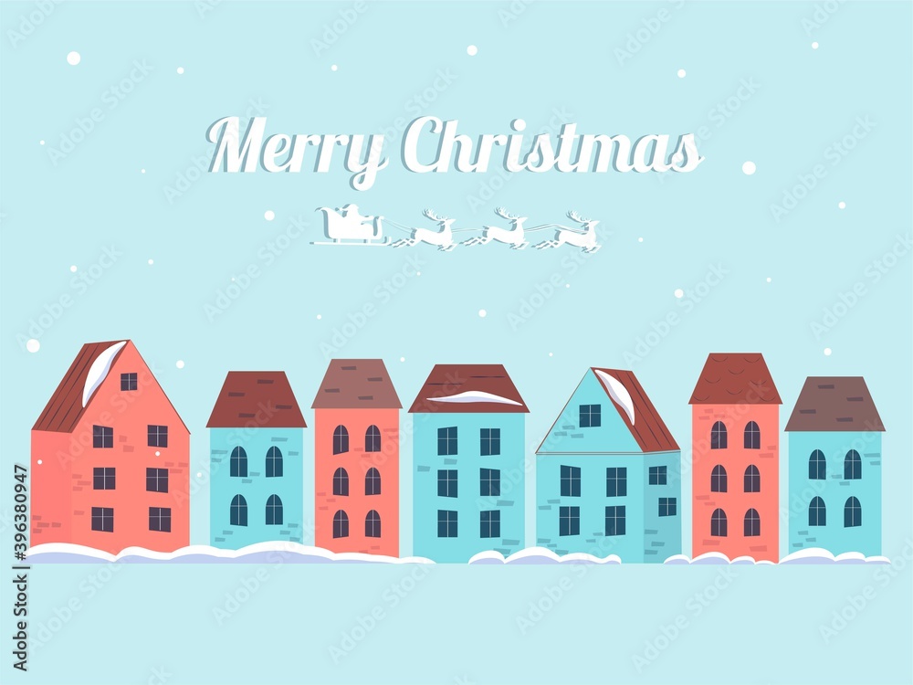 Merry christmas winter houses with snow. Winter town in a cartoon style. Flat vector illustration with congratulatory text.