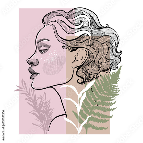 profile of a curly girl in gentle pastel shades and grass plants