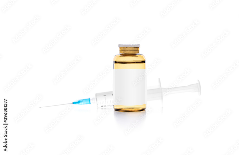 Syringe and injection in a bottle on a white background.