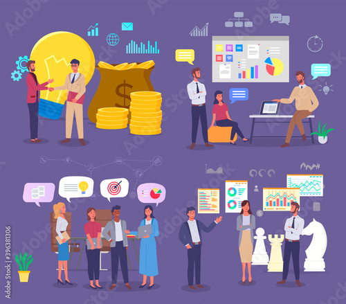 Businesspeople planning strategy, discussing development of business, analytics, finance. Growing charts, graphics. Money for good idea. Social media marketing, chess figures. Developing network