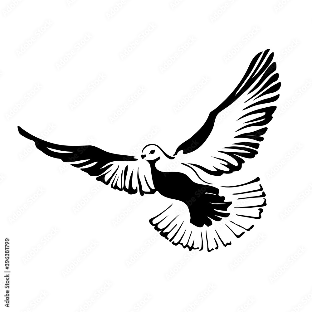 Naklejka premium Flying dove logo. Black and white graphics.