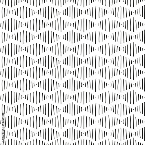 Abstract seamless pattern. Simple repeating ornament with lines and dots. Black lines on white background. Vector endless texture for wrapping paper, textile, wallpaper, fabric.