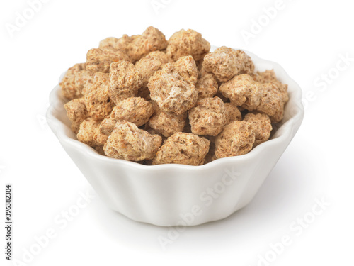 Bowl of textured soy protein chunks