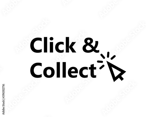 Click and collect text icon with mouse cursor. Clipart image isolated on white background.