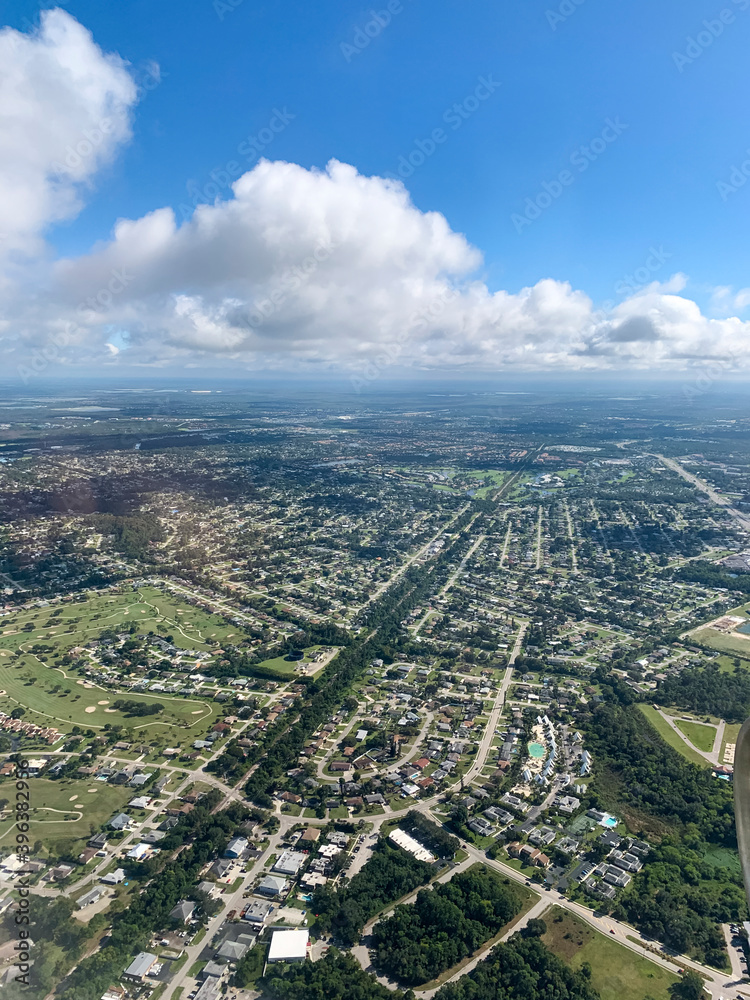 Aerial view of a busy residential area from airplane; Fort Myers, Florida