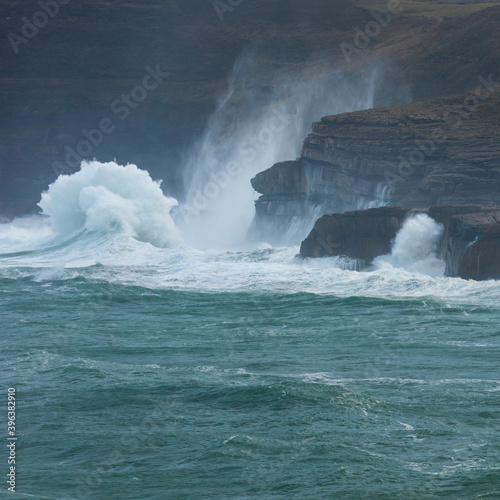 Storm and Big Waves seen from La Ojerada. Cabo Quejo. Cantabrian Sea. Arnuero. Cantabria. Spain. Europe